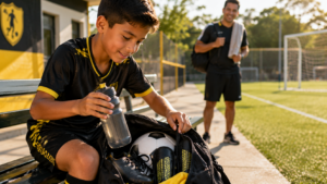 Niño preparando agua antes del entrenamiento deportivo